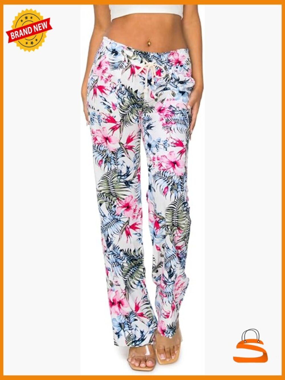 Women's Print Linen Pants - 32" Inseam Drawstring Waist Wide Leg Trousers with